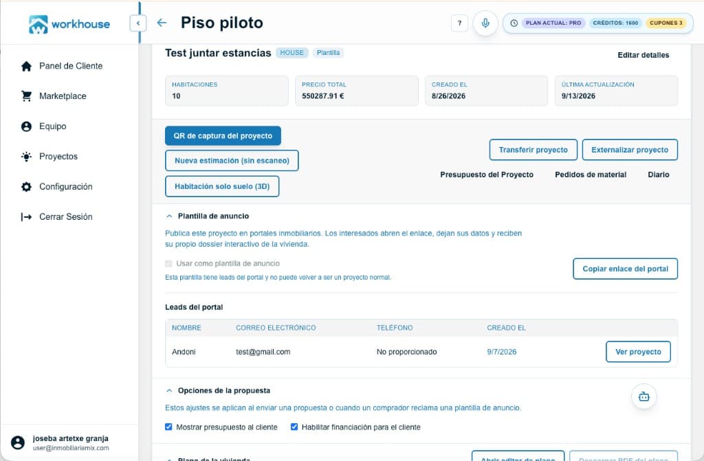 Workhouse: tabla de leads del portal inmobiliario con datos de contacto
