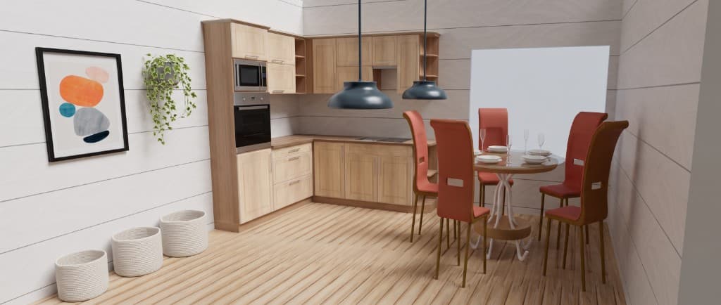 Render de una cocina y comedor diseñados en Workhouse