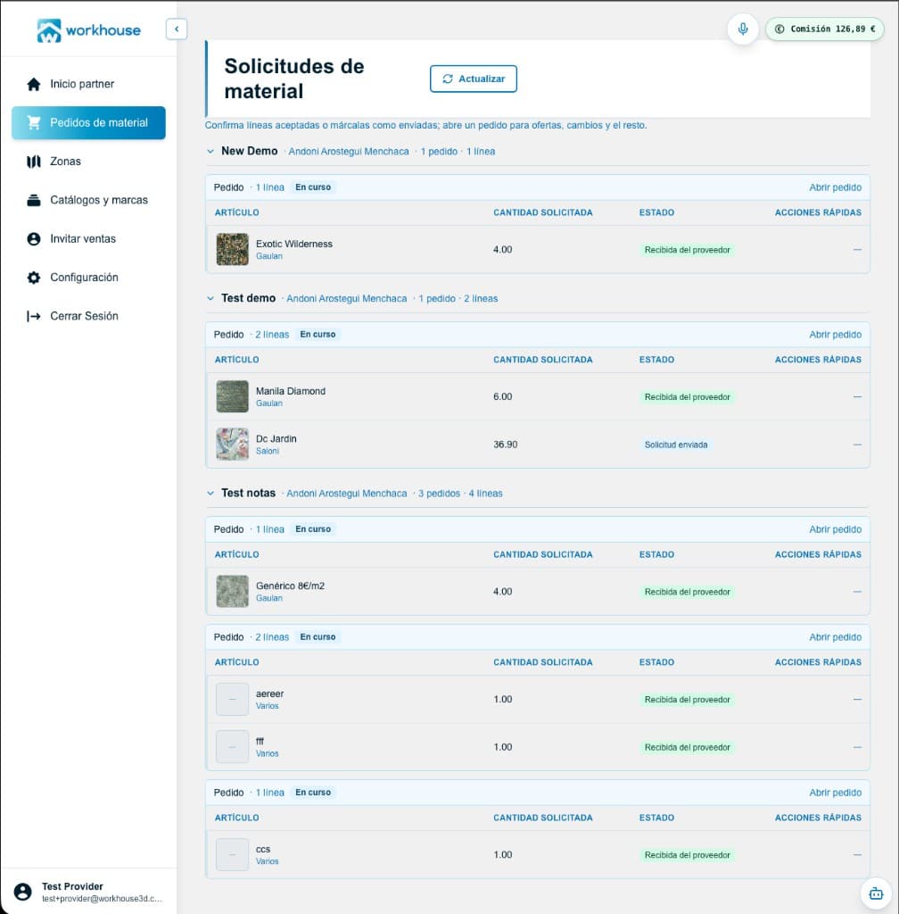 Workhouse: solicitudes de material agrupadas por estudio y proyecto