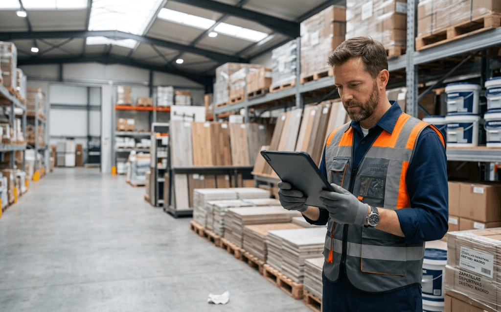 Proveedor de materiales gestionando pedidos cualificados en almacén