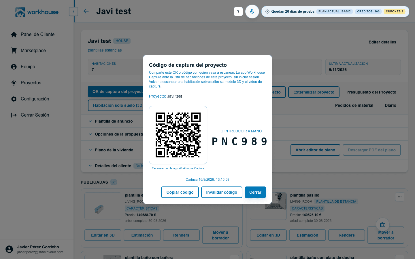 Workhouse: modal con QR y código de captura del proyecto