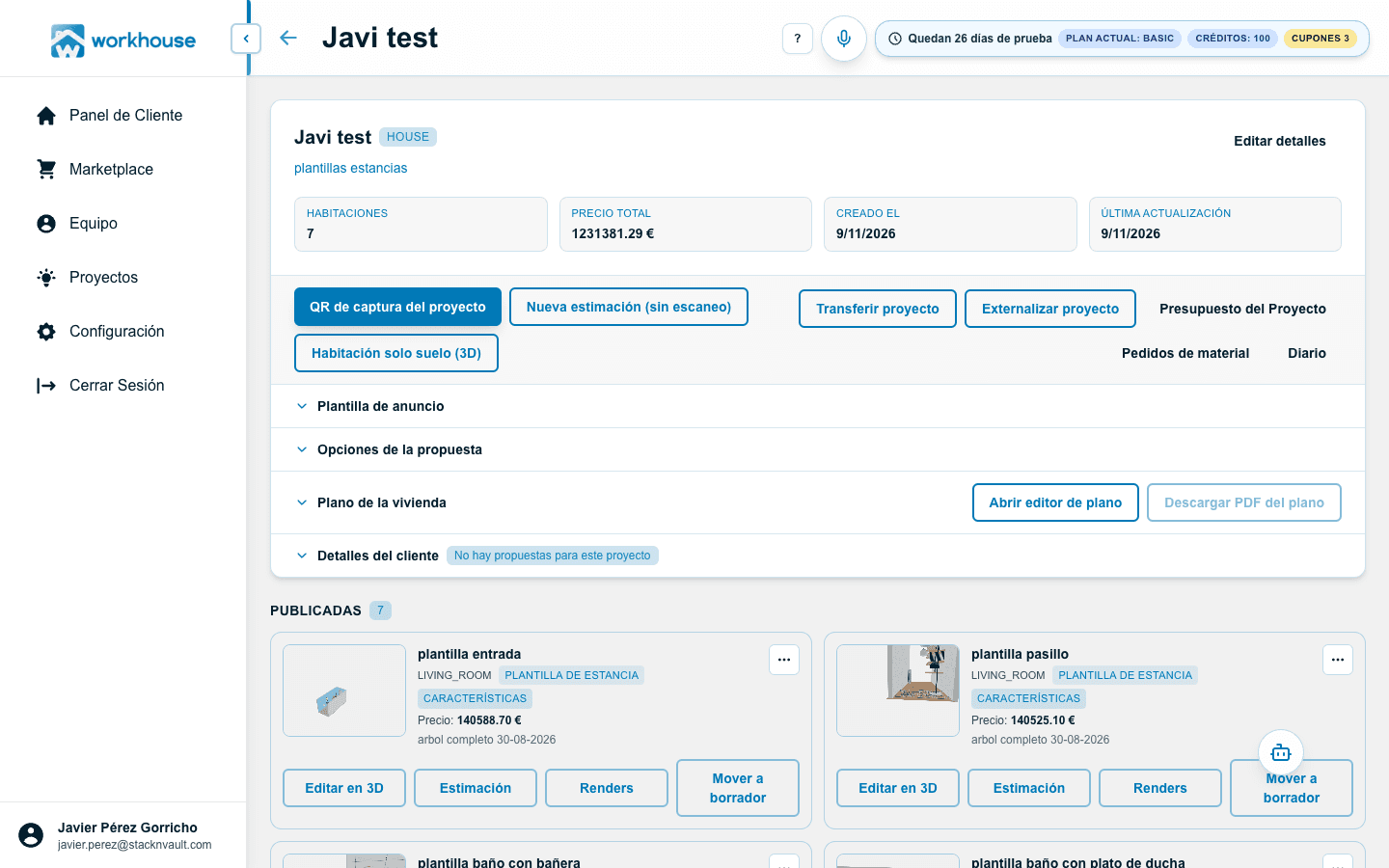 Workhouse: proyecto con estancias publicadas y acceso al editor, estimación y renders