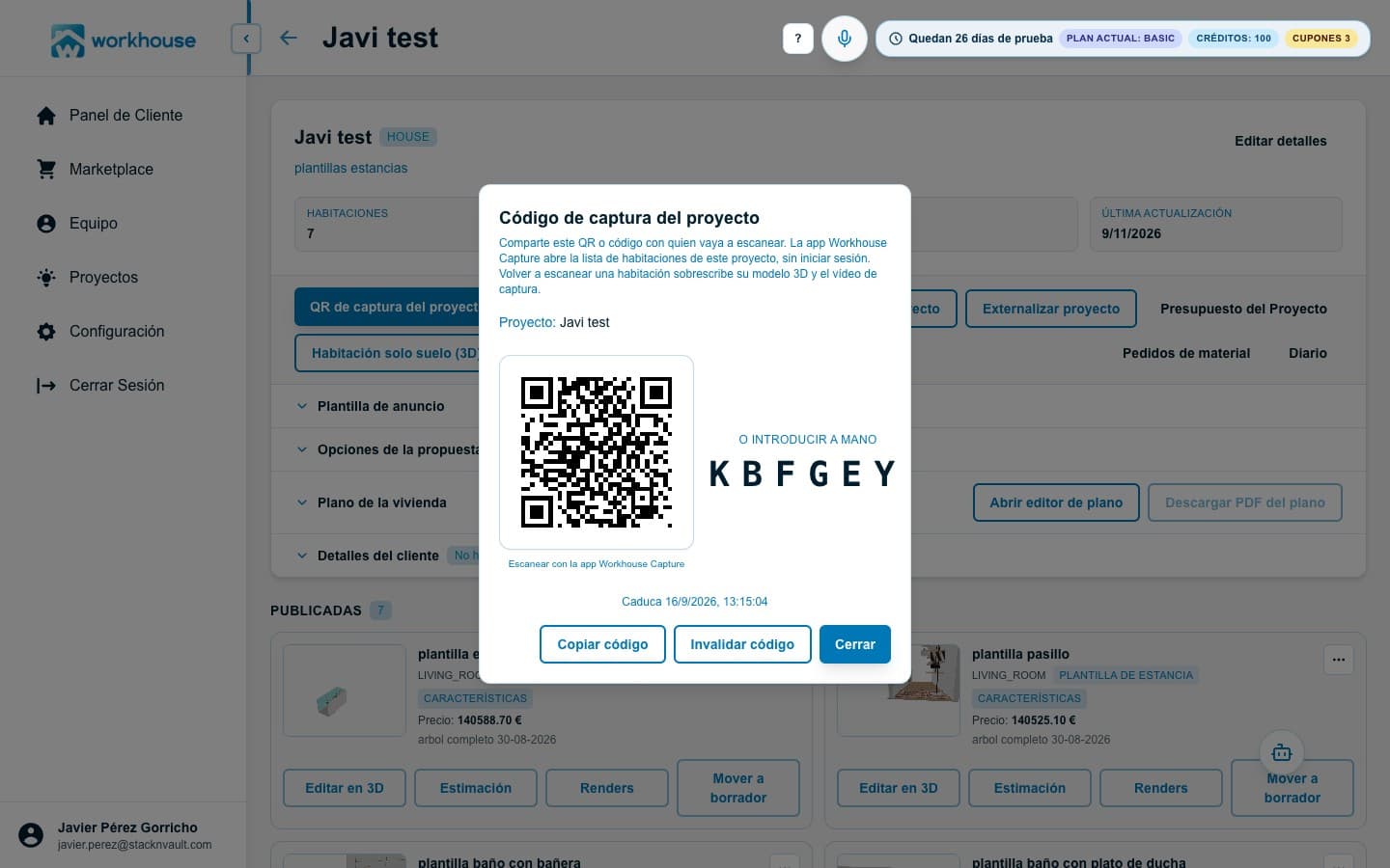 App de Workhouse: acceso por QR, escaneo LiDAR de la estancia y modelo 3D con las paredes identificadas