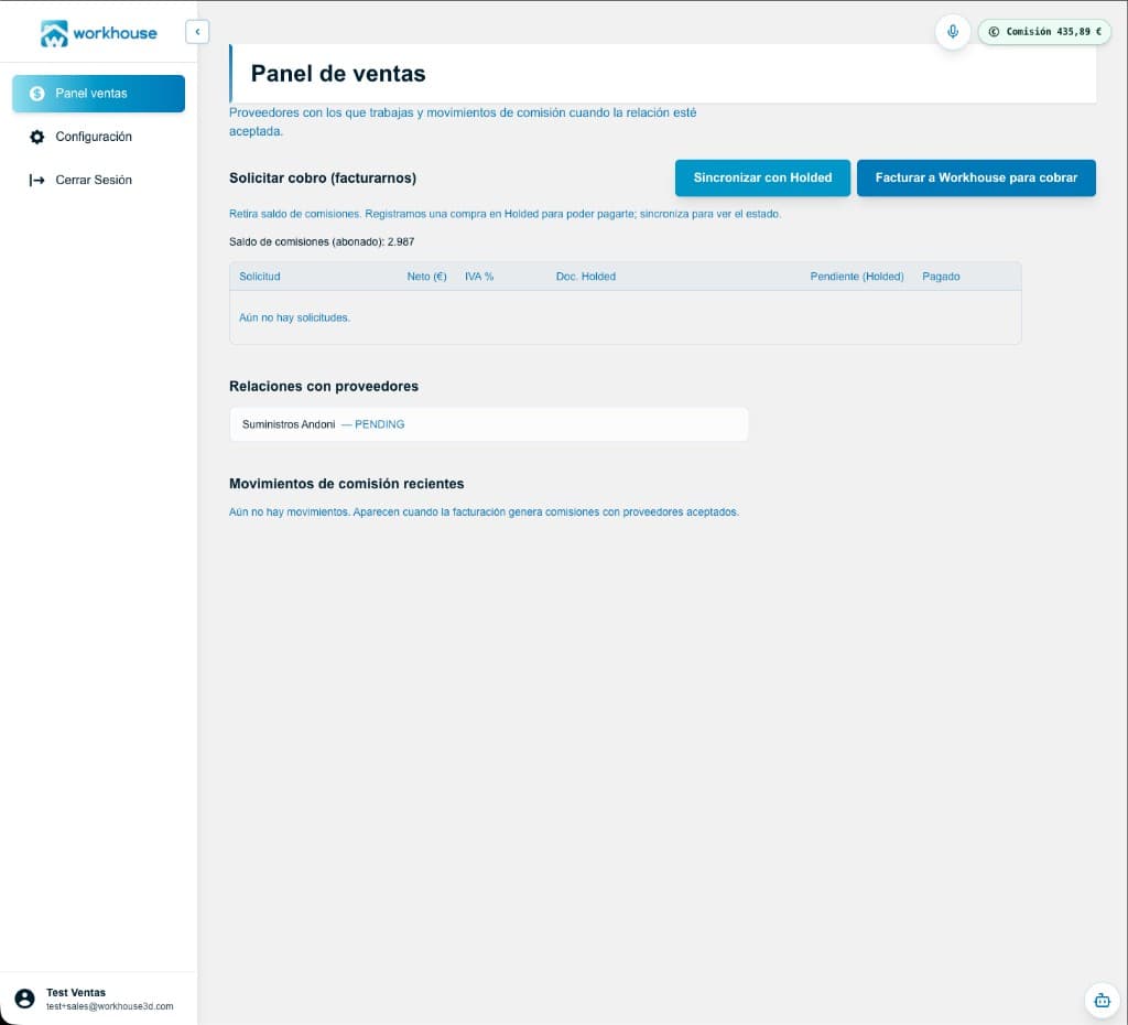 Panel de ventas de Workhouse con saldo, afiliaciones y movimientos de comisión